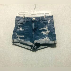 SO High Rise Distressed Denim Shorts Size 11/30W Blue Jean Cuffed Raw Hem Boho